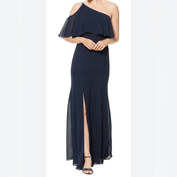 Bill Levkoff Dresses & Skirts - Bill Levkoff Navy Chiffon One Shoulder Floor Length Gown size 8 NWT